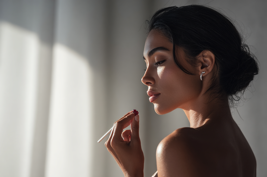 A modern woman in a refined setting representing feminine care, antioxidant wellness, and natural glow-oriented daily support