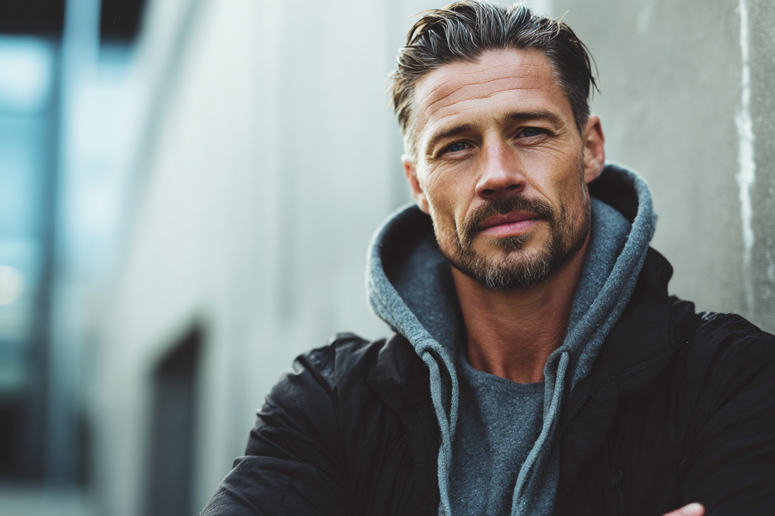 A modern confident man in a composed lifestyle setting representing steady vitality, layered daily support, and long-term men’s wellness planning