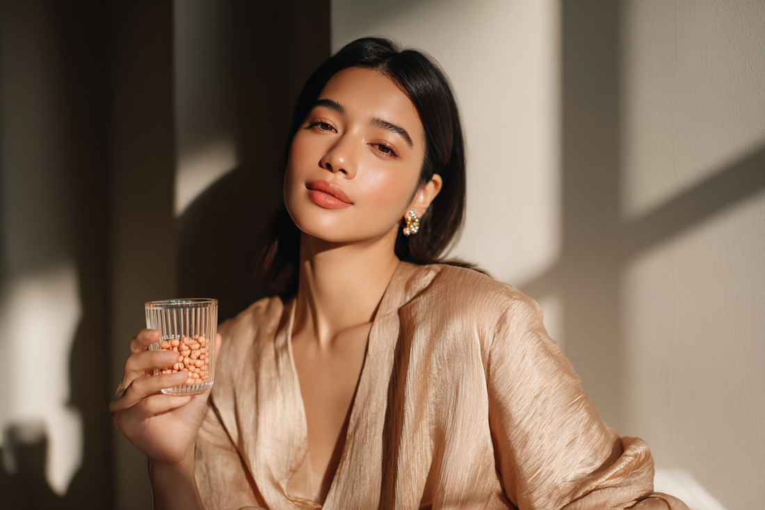 A modern woman with calm radiant presence representing beauty from within, antioxidant support, feminine wellness, and real-life self-care balance