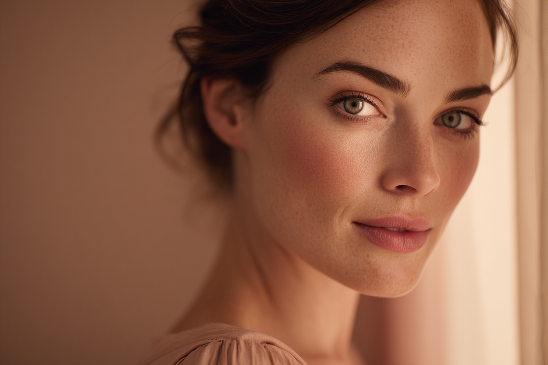 A naturally radiant modern woman in soft light expressing beauty from within, confidence, and a balanced daily wellness state