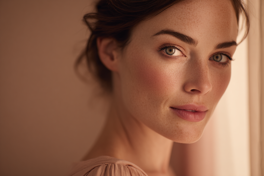 A naturally radiant modern woman in soft light expressing beauty from within, confidence, and a balanced daily wellness state