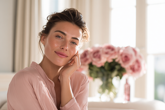 A modern woman in soft natural light expressing radiance, confidence, and inside-out wellness, representing the idea of combining intimate care with beauty-focused support
