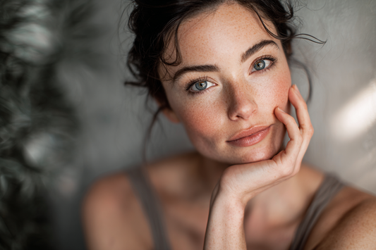 A refined modern woman in a natural lifestyle setting representing glow from within, balanced self-care, and calm daily wellness