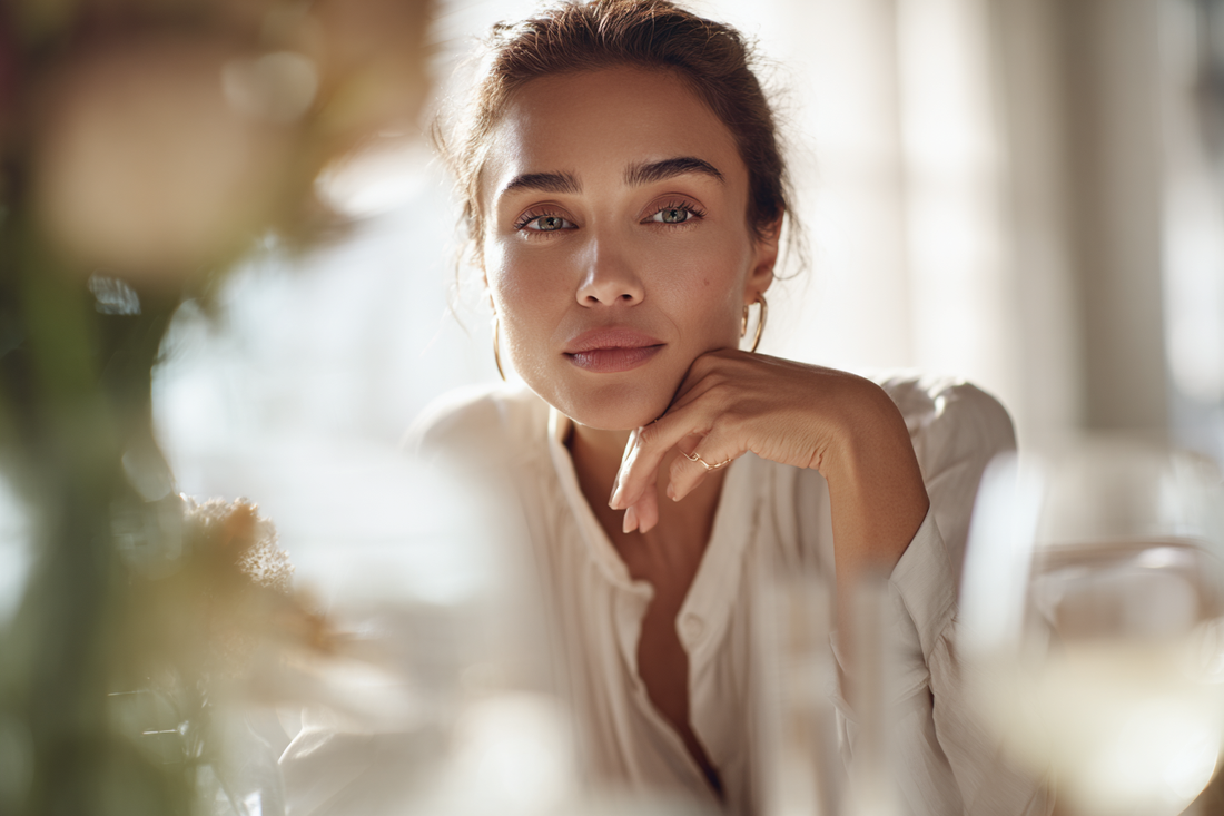 A thoughtful modern woman in a calm elegant setting representing informed women’s probiotic selection, internal balance, and feminine daily support