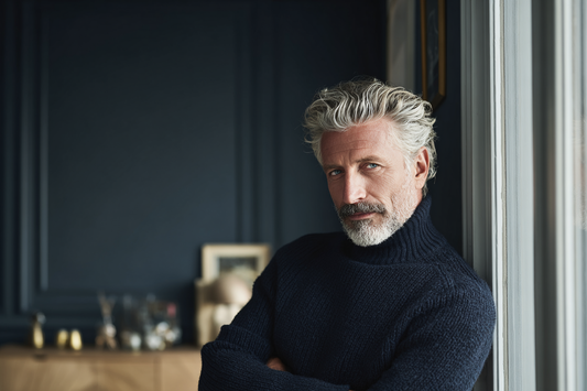 A mature man with calm confidence in a refined setting representing stable long-term men’s wellness rather than stimulation-focused messaging