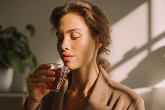 A modern working woman balancing productivity and elegant daily self-care, representing efficient multi-benefit wellness routines