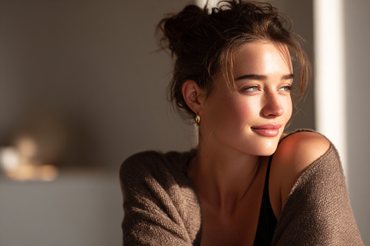 A modern woman in an elegant everyday setting representing beauty from within, skin wellness, antioxidant care, and daily feminine comfort