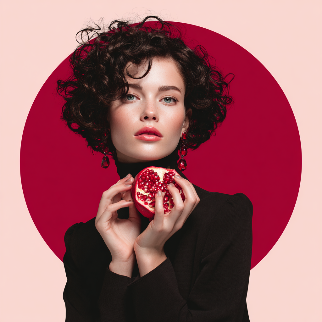 A graceful modern woman with a fresh elegant lifestyle aesthetic representing pomegranate, feminine vitality, and antioxidant-oriented daily wellness