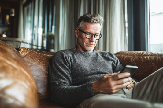 A mature man reviewing wellness choices in a calm premium setting, representing focused men’s support and informed daily-care decisions