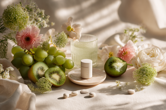 An elegant feminine wellness scene with botanical and fruit-inspired lifestyle aesthetics representing premium women’s supplement design