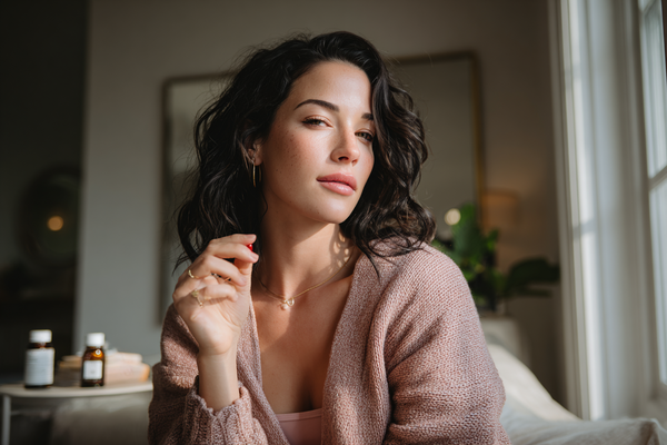 A modern woman in a refined lifestyle setting representing busy-life feminine care, calm resilience, and routine wellness awareness