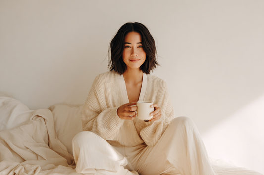 A modern woman in a calm lifestyle setting representing feminine balance, sustainable wellness, and gentle routine-based self-care