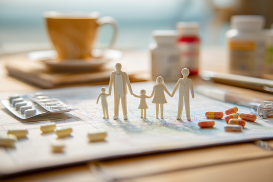 A family wellness planning scene showing practical role-based product matching and clear household health organization