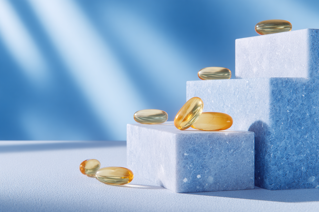 A premium omega-3 education scene representing structure, purity, and careful supplement selection