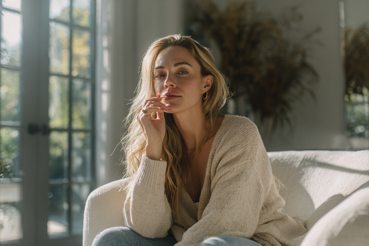 A modern woman in a bright and calm space learning about women’s probiotics, representing thoughtful product selection and science-based daily care awareness