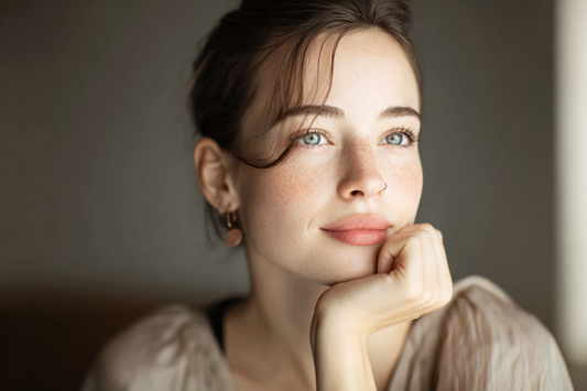 A thoughtful modern woman in a calm home setting learning about women’s probiotic routine, daily feminine balance, and realistic self-care choices