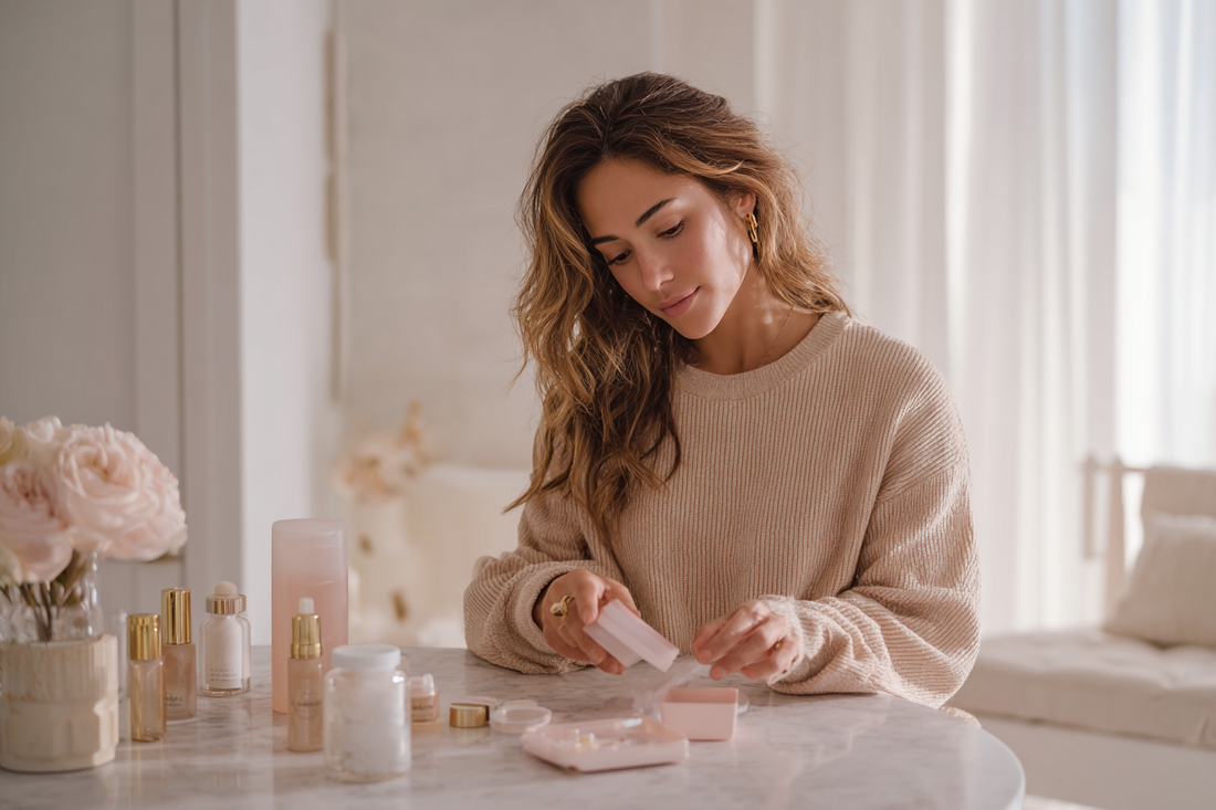 A modern woman organizing a realistic feminine wellness routine at home, representing balance, consistency, and sustainable self-care