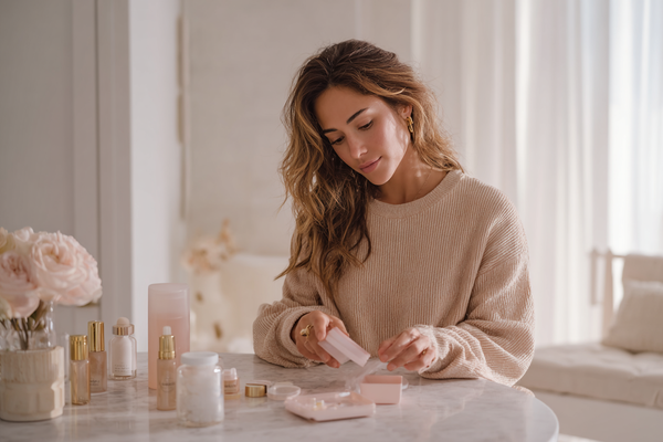 A modern woman organizing a realistic feminine wellness routine at home, representing balance, consistency, and sustainable self-care