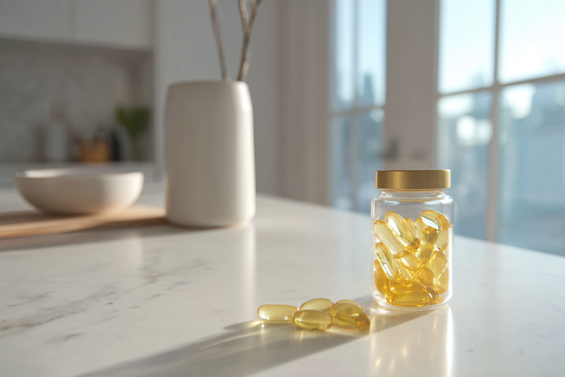 A modern daily supplement routine concept showing calm timing, meal-based use, and careful wellness planning