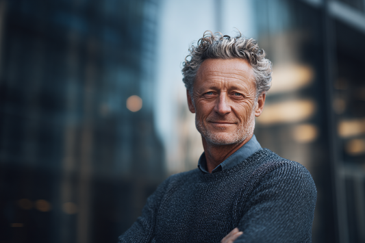 A confident mature man in a premium structured setting representing reliable men’s vitality, daily capacity, self-discipline, and long-term support