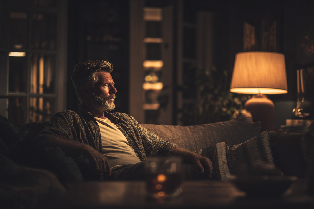 A mature man in a quiet evening environment representing night quality, stable routine, and calm prostate-aware men’s wellness support