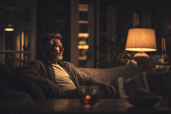 A mature man in a quiet evening environment representing night quality, stable routine, and calm prostate-aware men’s wellness support