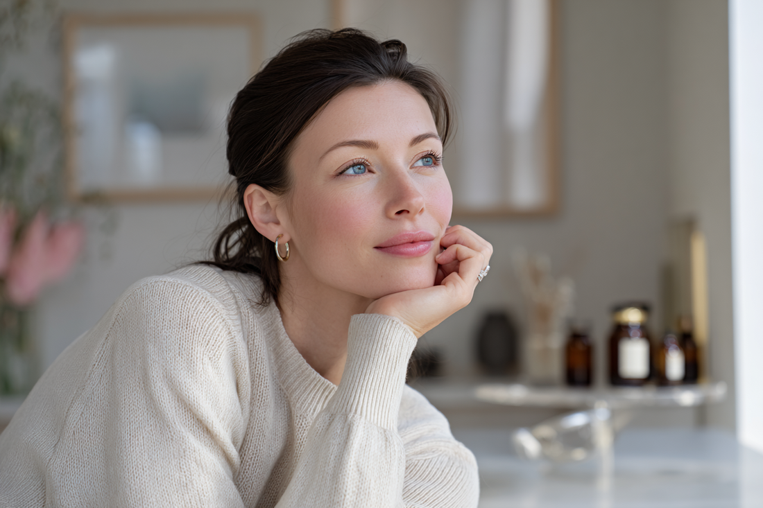 A modern woman reviewing daily wellness choices in a calm elegant setting, representing informed feminine care, internal balance, and women-focused supplement understanding