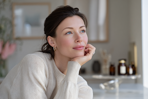 A modern woman reviewing daily wellness choices in a calm elegant setting, representing informed feminine care, internal balance, and women-focused supplement understanding