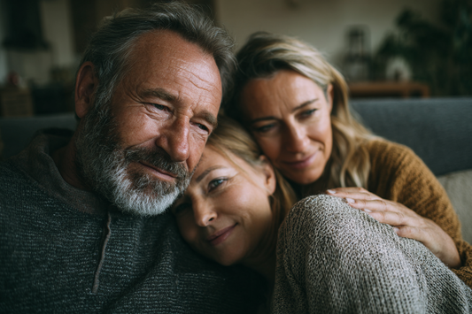 A warm family-oriented scene featuring a mature man and supportive loved ones, representing care, gifting, and family-led wellness decisions
