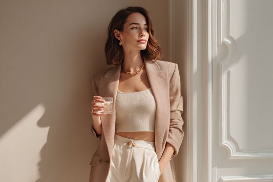 A confident modern woman in a refined lifestyle setting representing personal relevance, practical self-care, and feminine wellness identity