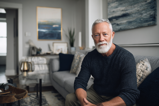 A mature man in a calm modern home environment reflecting thoughtful daily wellness awareness, stable aging support, and practical long-term self-care