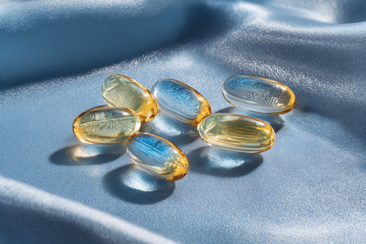 A premium omega-3 formulation concept showing balance, proportion, and intelligent nutritional design in a refined marine wellness setting