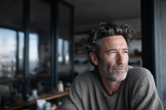 A mature man in a calm modern environment representing simple daily structure, consistent men’s wellness, and long-term supplement routine