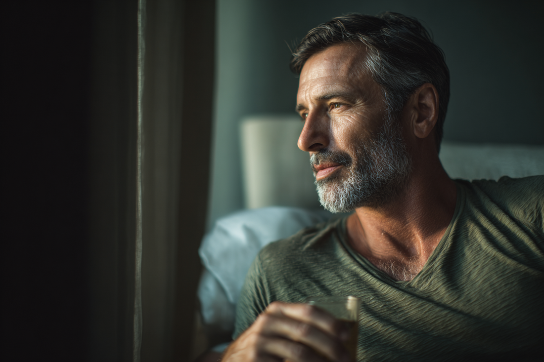 A mature man maintaining a calm long-term self-care routine, representing steady prostate wellness awareness and lasting male support