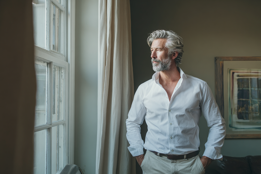 A mature man in a refined daily-life setting expressing long-term health management, self-discipline, and balanced overall condition