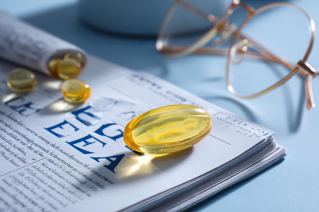 A premium omega-3 selection scene representing label awareness, ratio design, and informed fish oil education
