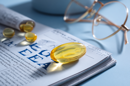 A premium omega-3 selection scene representing label awareness, ratio design, and informed fish oil education