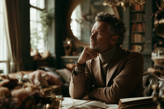A mature man in a refined everyday setting representing planning confidence, steady routine, and calm long-term men’s wellness support