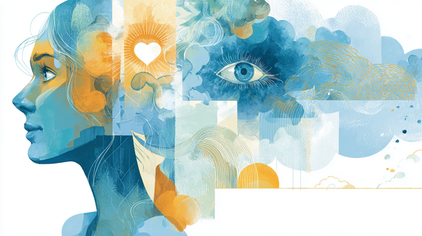An abstract portrait of a woman in blue and gold tones with symbolic clouds, an eye, and a glowing heart, representing emotional balance, inner awareness, mental clarity, and holistic women’s wellness