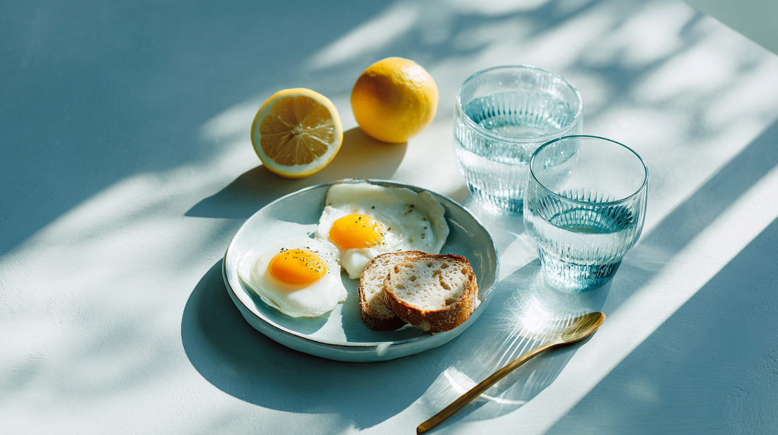 A sunlit breakfast setting with two fried eggs, sliced bread, lemons, and glasses of water on a clean table, representing a balanced morning meal, healthy fats, and everyday nutrition support