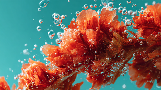 Vivid coral-orange petals suspended underwater with sparkling bubbles against a turquoise background, evoking freshness, vitality, hydration, and antioxidant beauty-from-within support