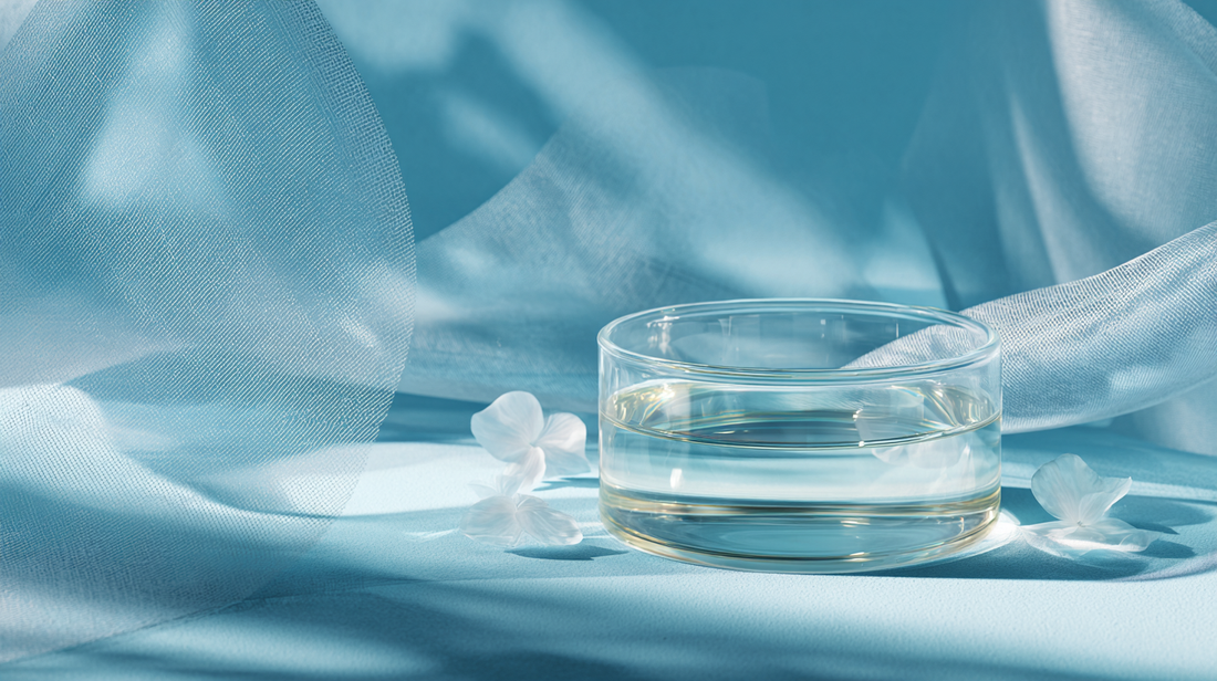 A minimalist glass dish with clear liquid on a soft light-blue fabric backdrop, accented by delicate white flower petals and natural light, evoking purity, calm, and premium skincare elegance