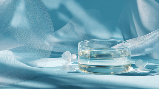 A minimalist glass dish with clear liquid on a soft light-blue fabric backdrop, accented by delicate white flower petals and natural light, evoking purity, calm, and premium skincare elegance