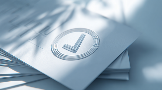 A minimalist blue-toned card with an embossed checkmark symbol, softly lit with botanical shadows, representing verification, trust, quality assurance, and clean premium branding