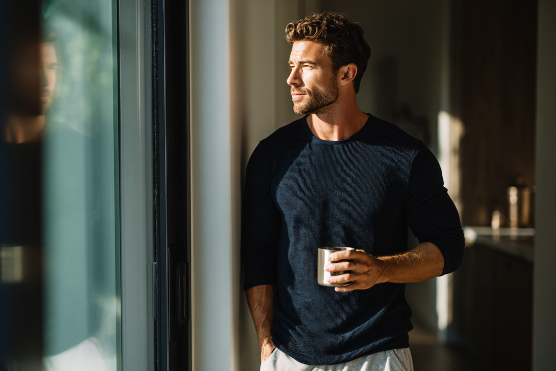 A confident modern man beginning his morning routine in a bright elegant home, reflecting calm energy, healthy habits, and a refined masculine wellness lifestyle