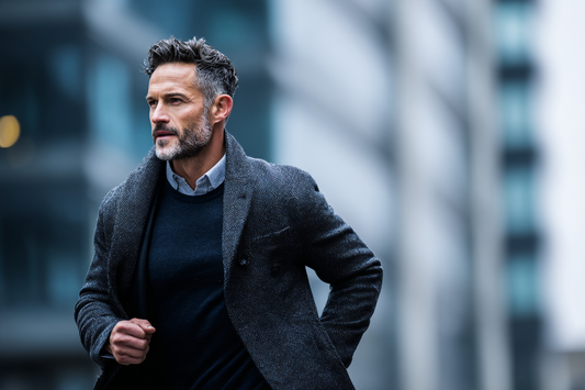 An energetic modern professional man moving through a busy city morning, expressing focus, confidence, and balance in a fast-paced lifestyle