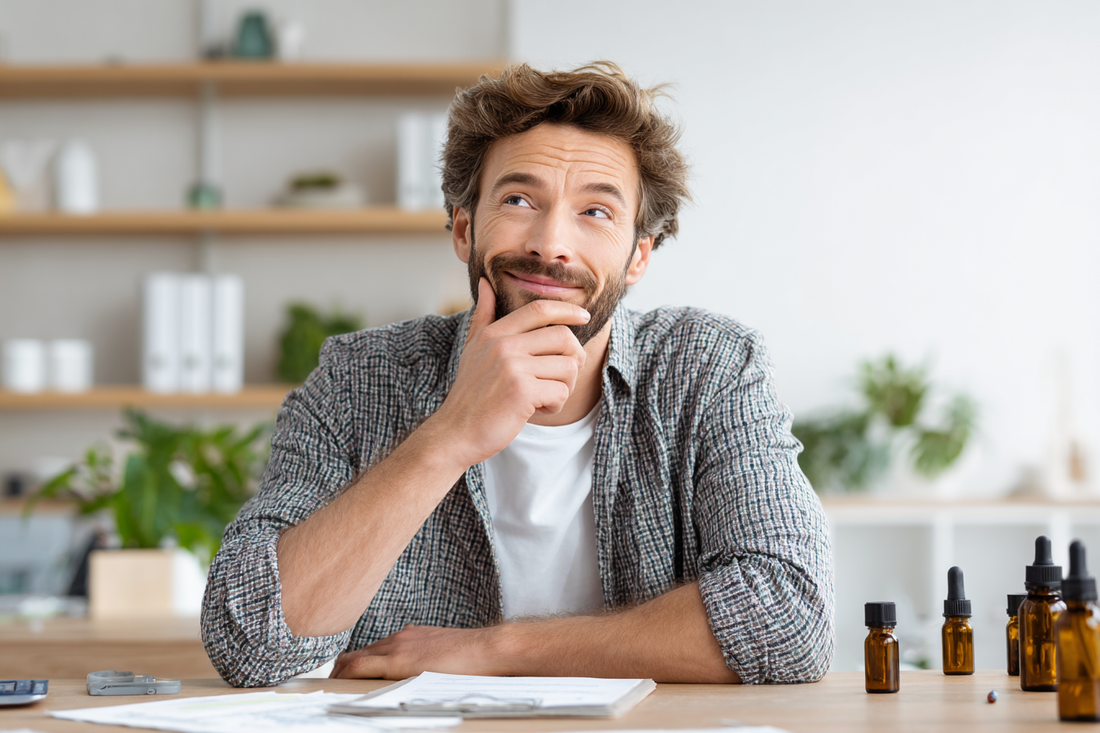 A modern man comparing wellness product options while reviewing ingredient details in a bright, sophisticated setting