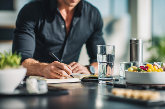 A focused modern man organizing his morning schedule, nutrition, and wellness routine in a calm, premium home setting