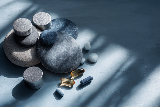 A modern premium wellness concept showing several complementary support elements working together in balance for men’s daily health