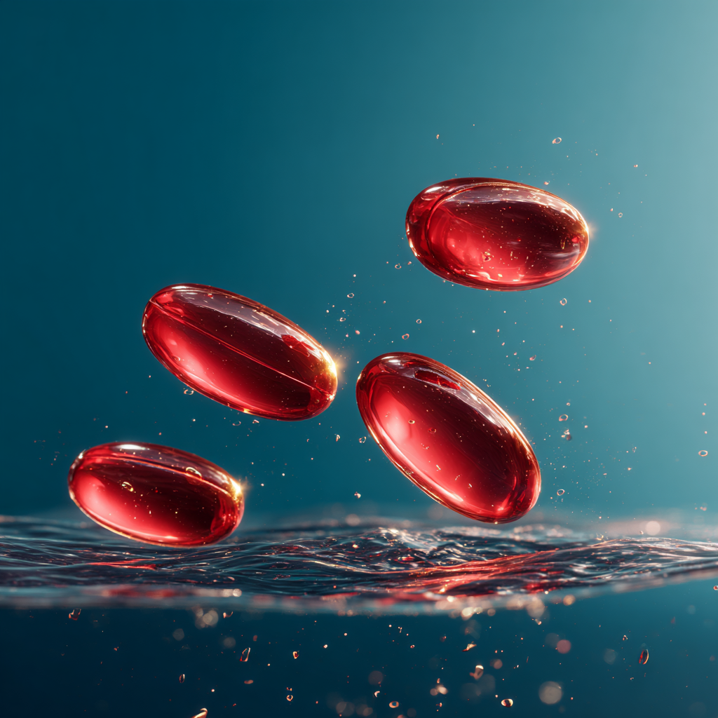 Four glossy red softgel capsules floating above rippling water against a deep blue background, representing concentrated omega-3 nutrition, purity, freshness, and premium fish oil support
